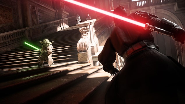 Une capture d'écran du jeu Star Wars Battlefront II montrant les personnages de Yoda et de Darth Maul en plein affrontement.
