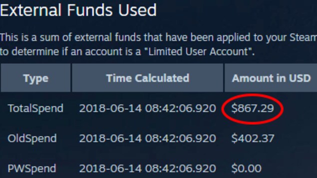 Une capture d'écran montrant la page qui détaille les dépenses d'un compte Steam. Le tableau indique 867,29 dollars américains dans la première rangée. Une capture d'écran montrant la page qui détaille les dépenses d'un compte Steam. Le tableau indique 867,29 dollars américains dans la première rangée.