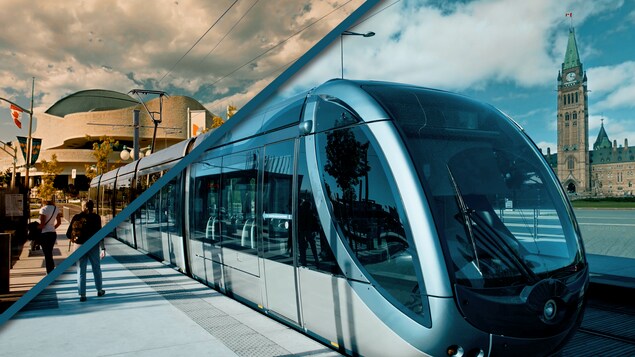 Montage photo d'un tramway avec en arrière-plan le Parlement d'Ottawa et le Musée canadien de l'histoire à Gatineau.