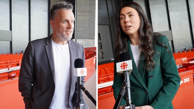 Steve Dubé et Marie-Michelle Mantha parlent au micro de Radio-Canada.