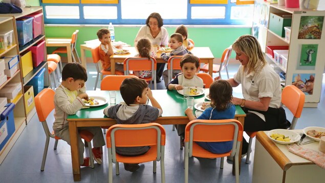 Deux institutrices qui mangent avec des enfants à deux tables différentes.