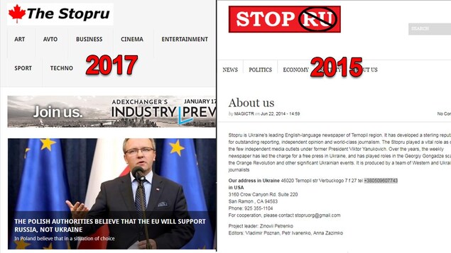 À gauche, le logo de Stopru contient un drapeau canadien. À gauche, le logo contient une barre d'interdiction sur le mot « Ru », et le journal affirme être basé en Ukraine. À gauche, le logo de Stopru contient un drapeau canadien. À gauche, le logo contient une barre d'interdiction sur le mot « Ru », et le journal affirme être basé en Ukraine.