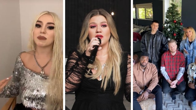 Montage de trois captures d'écran montrant les vedettes de la chanson Ava Max, Kelly Clarson et Pentatonix en vidéo sur Spotify.