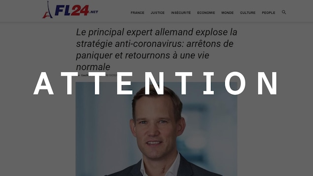 Capture d'écran d'un article sur le virologue allemand Hendrick Streeck. Le mot « ATTENTION » est superposé sur la photo.