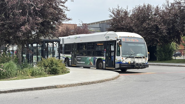 Un autobus arrêté à un arrêt.