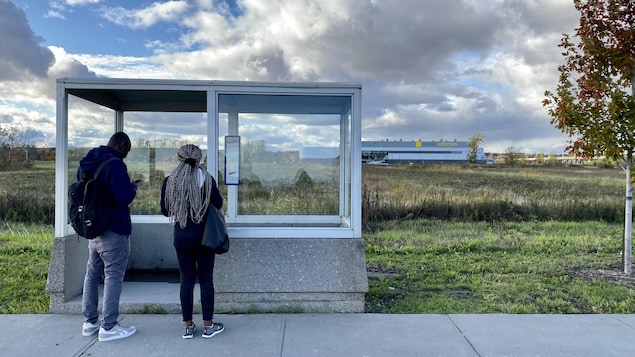 Deux personnes attendent l'autobus dans un abribus avec le Colisée Vidéotron en arrière-plan.