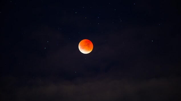 Une lune rouge dans le ciel étoilé. Une lune rouge dans le ciel étoilé.