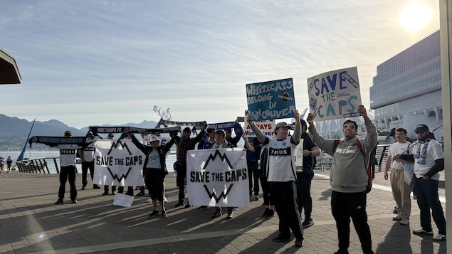 Des manifestants brandissent des pancartes.