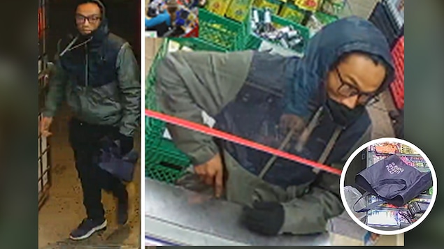 Montage de plusieurs images de caméras de surveillance montrant le suspect et son sac.