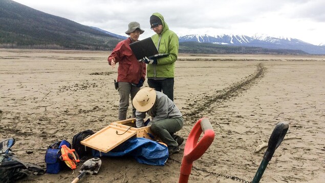 Scientifiques à l'oeuvre avec pelles et instruments de mesure entre les montagnes. Scientifiques à l'oeuvre avec pelles et instruments de mesure entre les montagnes.