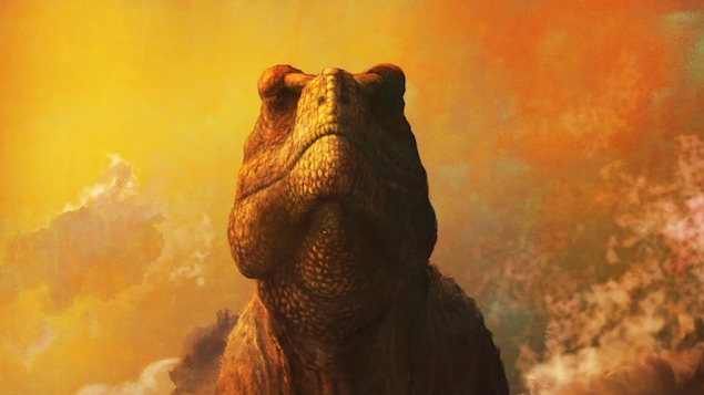 Un visage de T-Rex, la bouche fermée. 
