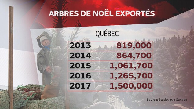 Le nombre d'arbres de Noël exportés a explosé au cours des dernières années, selon des chiffres de Statistique Canada. Le nombre est passé de 819 000 en 2013 à 1,5 million en 2017. Le nombre d'arbres de Noël exportés a explosé au cours des dernières années, selon des chiffres de Statistique Canada. Le nombre est passé de 819 000 en 2013 à 1,5 million en 2017.