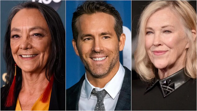 Pinagsamang litrato nina Tantoo Cardinal, Ryan Reynolds, at Catherine O'Hara.