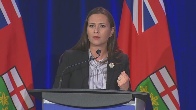 Tanya Granic Allen sur scène, devant des drapeaux de l'Ontario. Tanya Granic Allen sur scène, devant des drapeaux de l'Ontario.