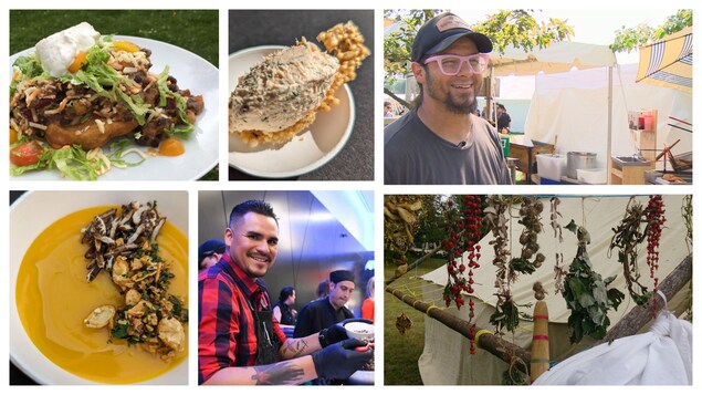 Montage de photos de tacos autochtones, de bouchées à la truite fumée, le chef Shawn Adler, de la soupe à la courge, le chef Taylor Parker et des plantes indigènes qui sèchent.