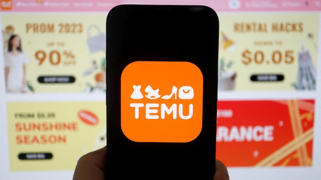Une main tient un cellulaire affichant l'application Temu.