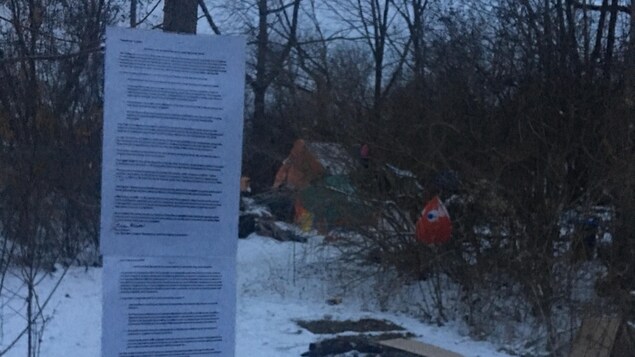Des feuilles de papier agrafées sur un arbre près d'une tente autour de laquelle sont éparpillés des déchets.