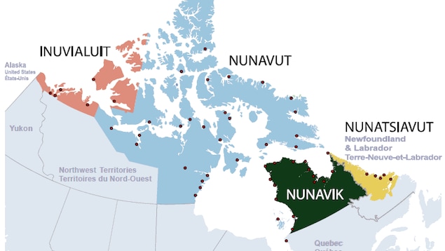 خارطة متعددة الألوان لمناطق الإنويت الأربع في كندا التي تكوّن ’’إنويت نونانغات‘‘.