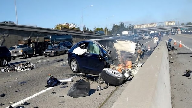 A Tesla Model X is shown after a crash on U.S. Highway 101 near Mountain View, Calif., on March 23, 2018. 