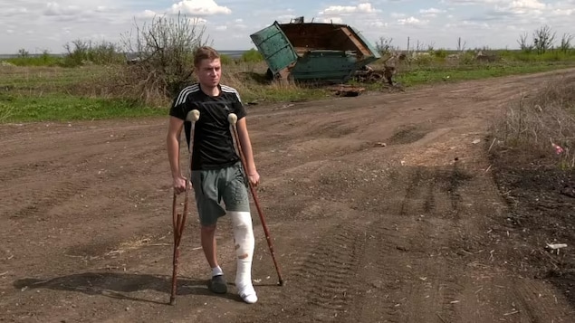 Nalezhatyi walking on the landmine where explosion severely injured him and killed his father and cousin in February 2024.
