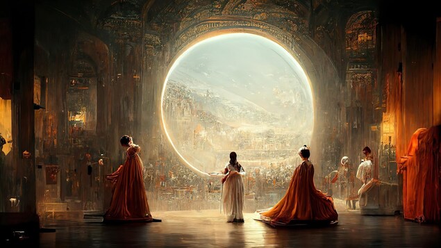 Une oeuvre numérique représentant une scène avec des chanteurs d'opéra de dos et une sphère lumineuse dans le théâtre dans lequel ils se produisent.
