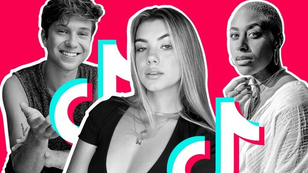 Collage montrant trois vedettes de TikTok sur un fond rose avec le logo du réseau social.