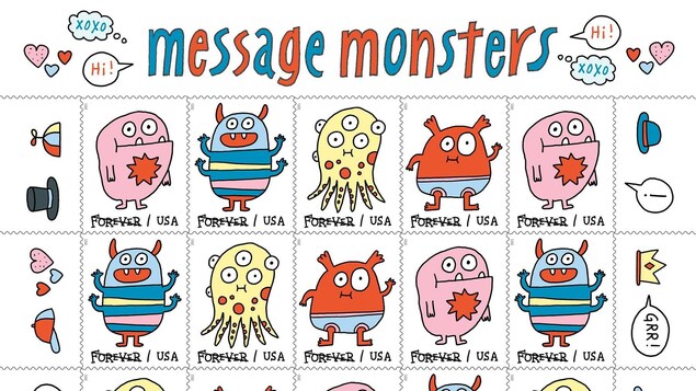 Une feuille de vingt timbres sur lesquels apparaissent un des quatre monstres dessinés par Élise Gravel. Ces timbres sont entourés de plusieurs petits autocollants différents.
