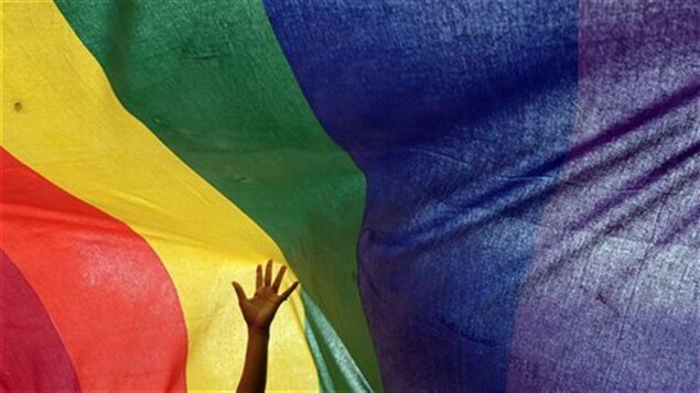 Une main s'agite devant un drapeau arc-en-ciel. Une main s'agite devant un drapeau arc-en-ciel.