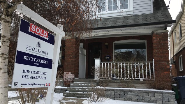 Photo d'une affiche « vendue » devant une maison à Toronto Photo d'une affiche « vendue » devant une maison à Toronto