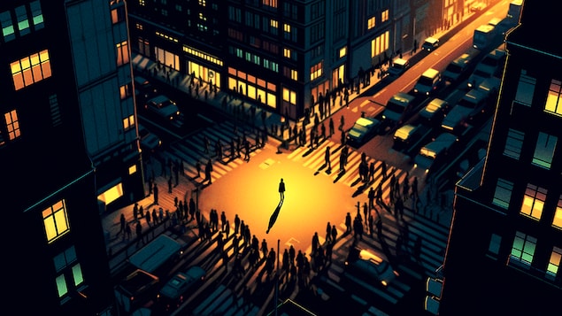 Illustration d'une personne seule à une intersection, entourée de dizaines de passants et de véhicule dans le brouhaha infernal d'une ville.