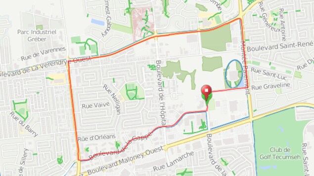 Un carte qui représente le parcours des cyclistes. Un carte qui représente le parcours des cyclistes.