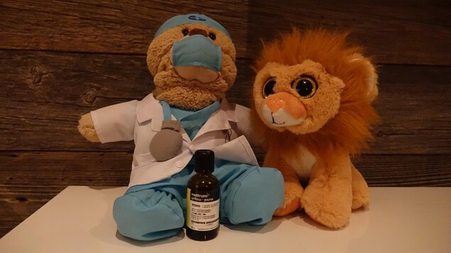 Deux toutous entourent une bouteille d'huile de cannabis.