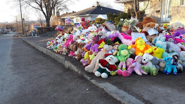 Les peluches s'amoncellent alors que les gens viennent se recueillir devant la maison derrière laquelle le corps de Rosalie Gagnon a été découvert. Les peluches s'amoncellent alors que les gens viennent se recueillir devant la maison derrière laquelle le corps de Rosalie Gagnon a été découvert.