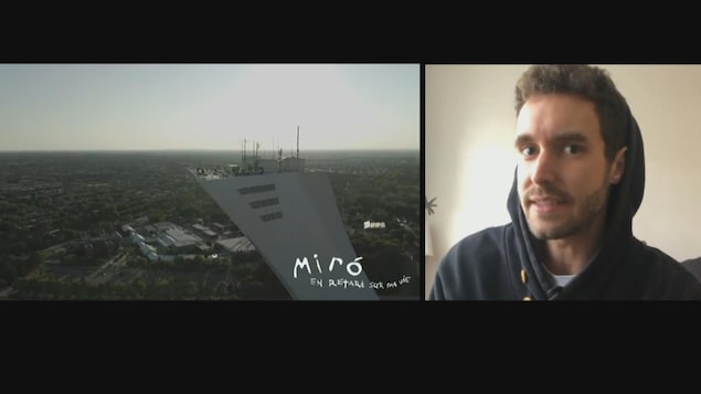 Montage du clip de Miro sur le mât du Stade olympique et de Miro en visioconférence.