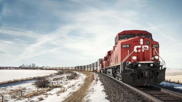 Un train de marchandises du CP circule sur des rails qui traversent un champ enneigé sur fond de ciel bleu.