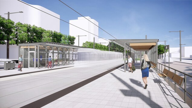 Deux abris vitré situé de part et d'autre des voies de tramway