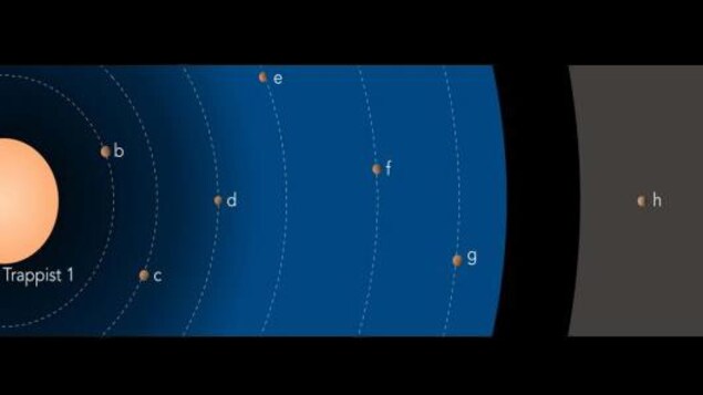 Le système planétaire autour de Trappist-1. Les tailles des objets sont à l'échelle, mais les distances sont réduites d'un facteur 10. La couleur de l'étoile est réaliste. La zone bleutée indique la région où la présence d'eau liquide est possible en surface des planètes. La zone en grisé indique la gamme possible de distances orbitales pour la planète. Le système planétaire autour de Trappist-1. Les tailles des objets sont à l'échelle, mais les distances sont réduites d'un facteur 10. La couleur de l'étoile est réaliste. La zone bleutée indique la région où la présence d'eau liquide est possible en surface des planètes. La zone en grisé indique la gamme possible de distances orbitales pour la planète.