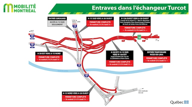 Carte des fermetures de routes dans l'échangeur Turcot lors du week-end du 1er juin. Carte des fermetures de routes dans l'échangeur Turcot lors du week-end du 1er juin.