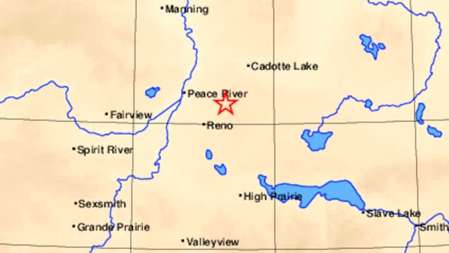 Carte montrant le nord de l'Alberta avec une étoile entre les villes de Peace River et Reno.