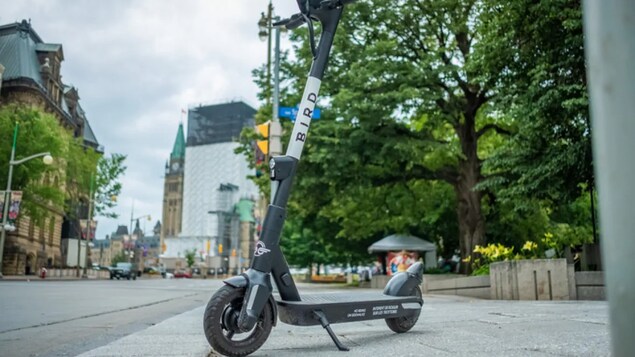 Un trottinette électrique libre-service stationnée au centre-ville d'Ottawa. 