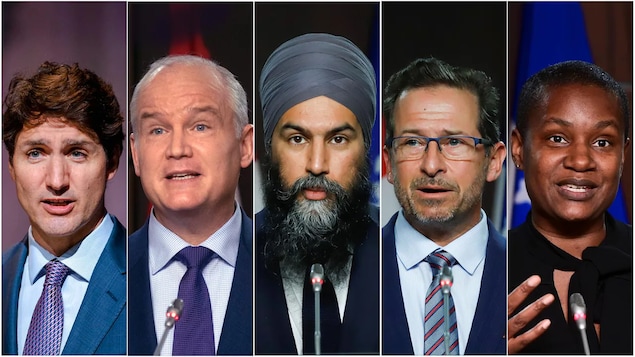 加拿大联邦政党领袖：自由党领袖贾斯汀·特鲁多（左）、保守党领袖艾林·奥图尔（中左）、新民主党领袖贾格米特·辛格（中）、魁北克党团领袖伊夫-弗朗索瓦·布兰切特 （中右）和绿党领袖安娜米·保罗 （右）。