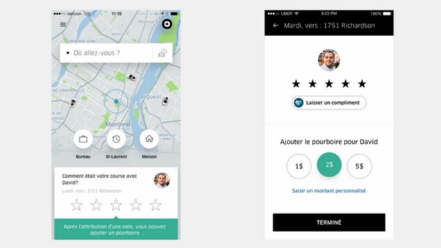 Le versement du pourboire se fait directement à partir de l'application. Deux captures d'écran montrent comment. Le versement du pourboire se fait directement à partir de l'application. Deux captures d'écran montrent comment.