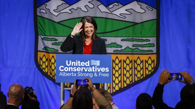Danielle Smith celebrates after being chosen as the new leader of the United Conservative Party on Thursday evening. 