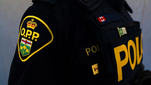 راية الأونتاريين الناطقين بالفرنسية، باللونين الأبيض والأخضر، مشكوكة على صدر عنصر في شرطة مقاطعة أونتاريو.