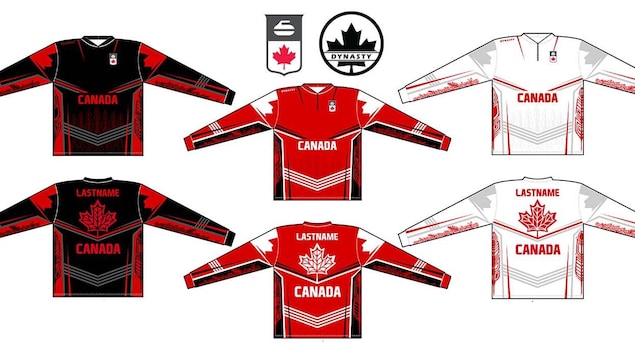 Un dessin numérique de trois nouveaux modèles de chandail d'Équipe Canada.