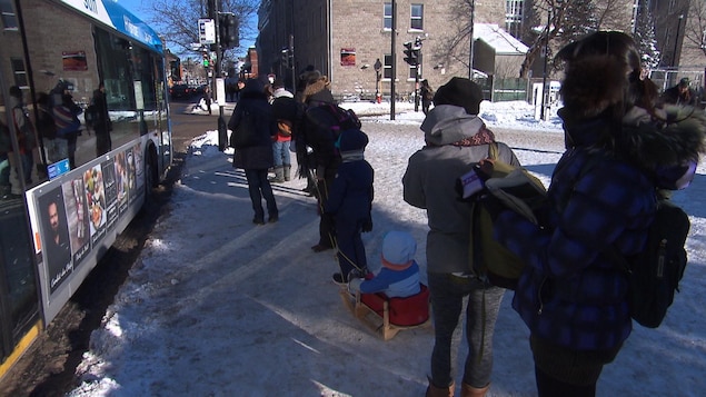 Plusieurs personnes s'apprêtent à monter à bord d'un autobus de la STM.