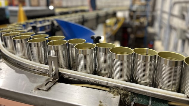 Une chaîne de production avec de nombreuses boîtes de conserve en métal.