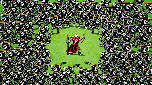 Un personnage pixélisé de jeu vidéo se trouve au milieu d'une marre de squelettes. 