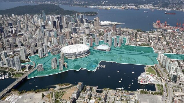 Le secteur du quartier False Creek délimité en vert sur un plan de Vancouver fera l'objet d'importants travaux.