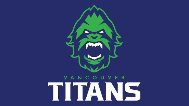 Logo de l'équipe des Titans de Vancouver en bleu, vert et blanc, arborant la tête d'un Sasquatch aux dents acérées.